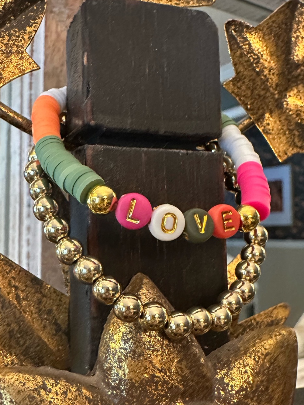 LOVE Bead Bracelet Stack in Pink, Green, White & Gold